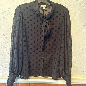 Unique Vintage Black Flocked Polka Dot Tie Neck Gwen Blouse Size Medium
